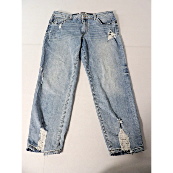 Willow + Root Jeans Midrise Girlfirend Sz 32 Distressed Cropped Blue Denim Stret - Picture 1 of 15